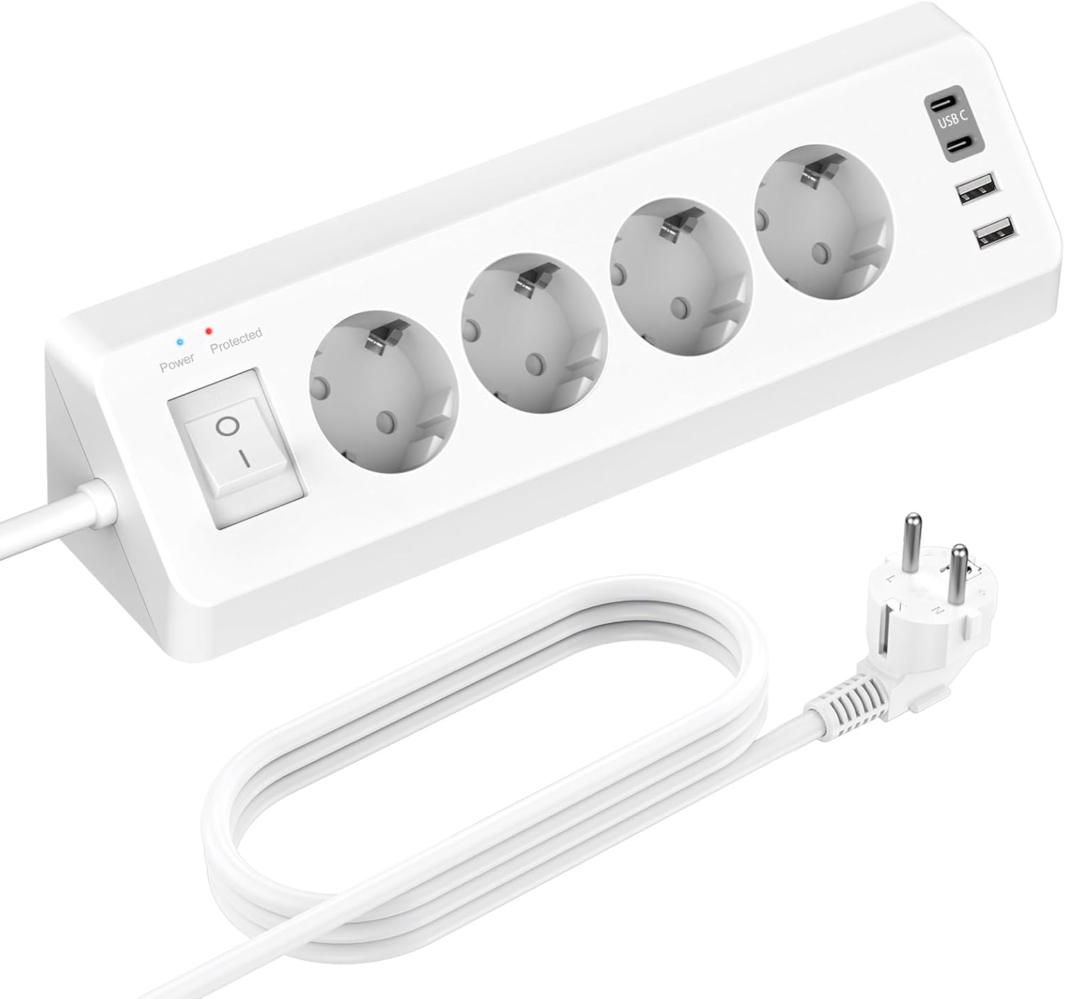 Detalle de 4 Fach Steckdosenleiste mit USB C – Ecksteckdose mit Schalter, 3 m Kabel