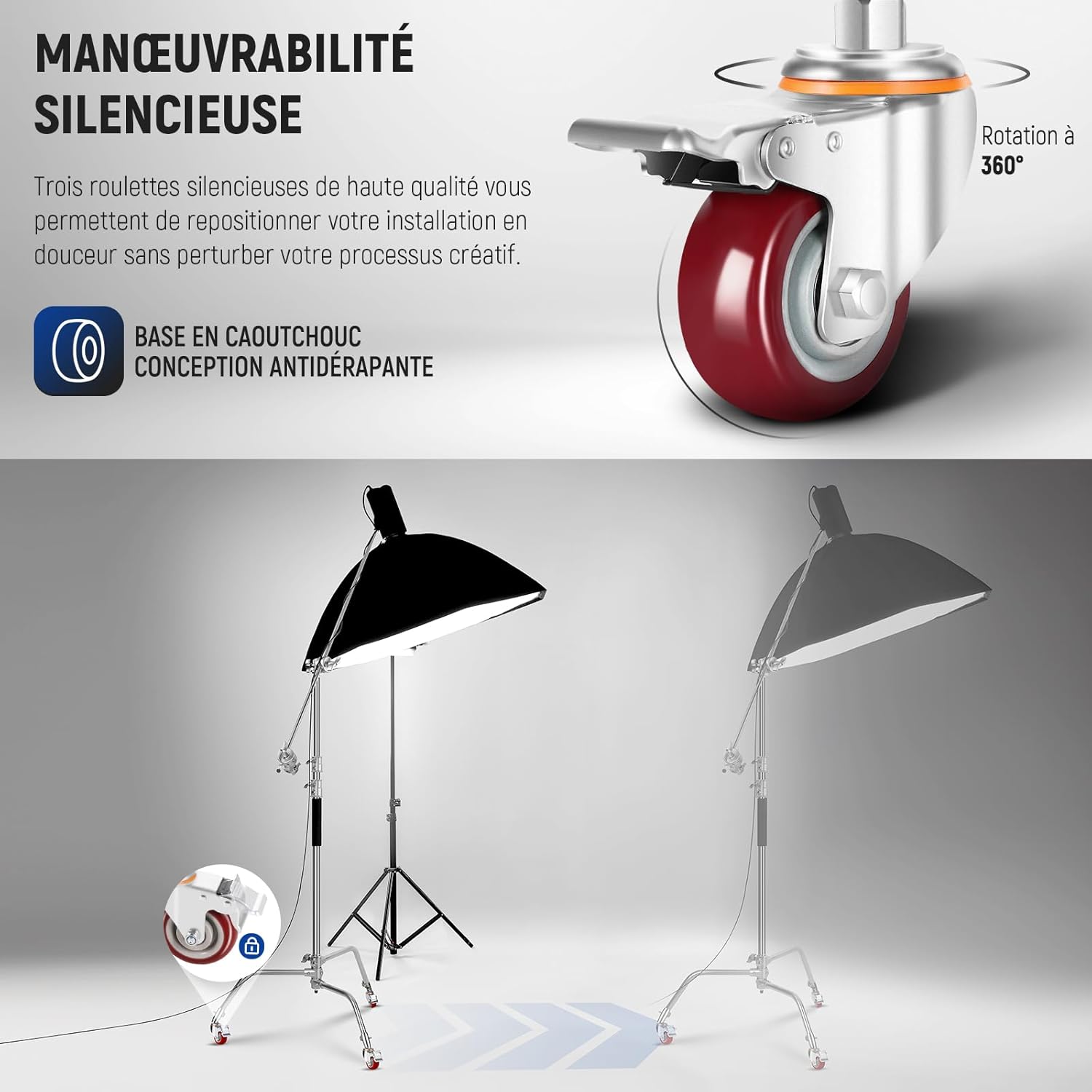 Detalle de NEEWER Support en C inox avec roulettes pivotantes 360° – hauteur 110 à 186 cm et bras de perche 83 cm