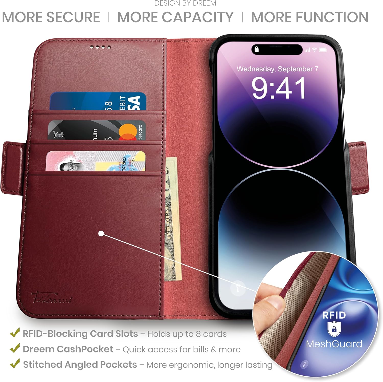 Detalle de Dreem 3-in-1 Wallet Case for iPhone 14/16e/17e with MagSafe, RFID Blocking and Built-In Kick-Stand