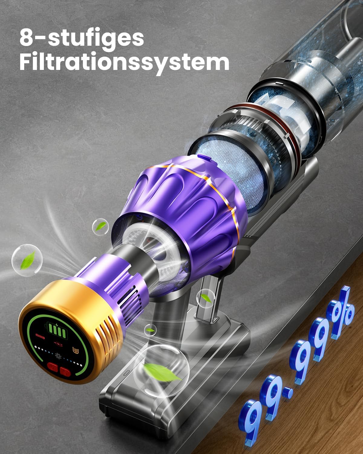 Detalle 2 de AIBIRTH Akku Staubsauger: Kabellos, 50KPa/600W, 70Min Laufzeit, 1,8 L Fassungsvermögen – Goldfarben