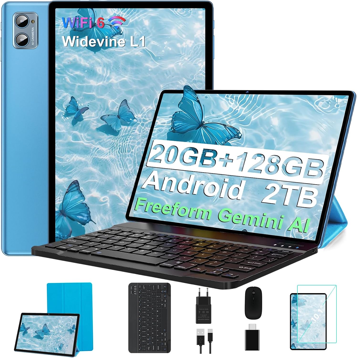 Detalle de SUAAT Tablet 10,1 Zoll – 20 GB RAM, 128 GB ROM, 2 TB Erweiterung, inkl. Hülle, Tastatur & Maus (Blau)