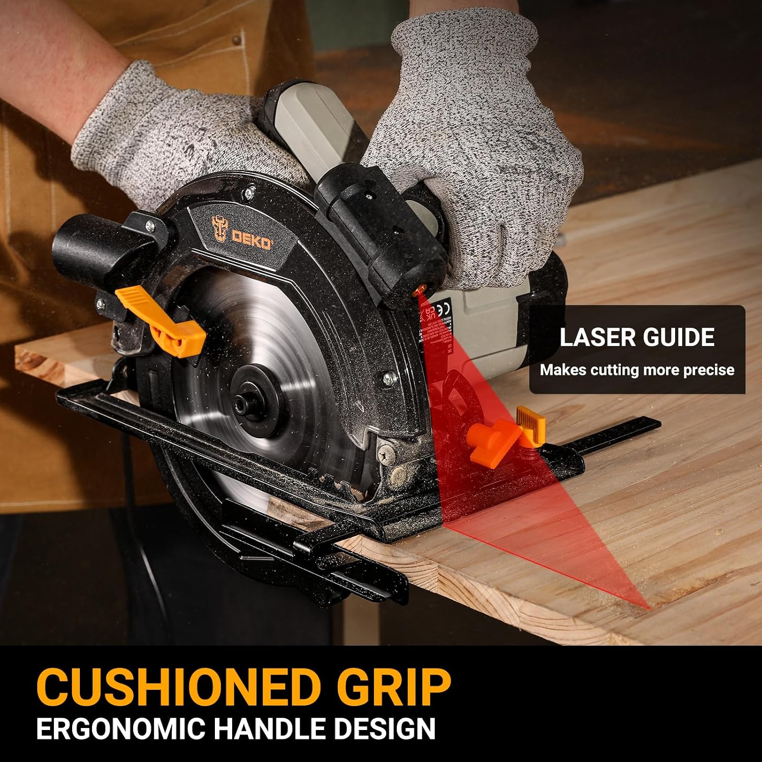 Detalle 2 de DEKOPRO Circular Saw 1400W with Laser Guide – 190mm, 5500 RPM, 65mm/43mm Cut Capacity