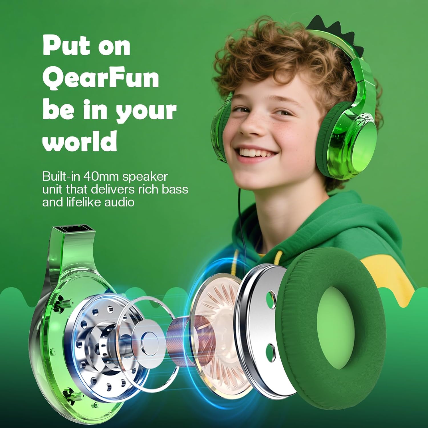 Thumbnail 2 de QearFun Kids Dinosaur Bluetooth Headphones
