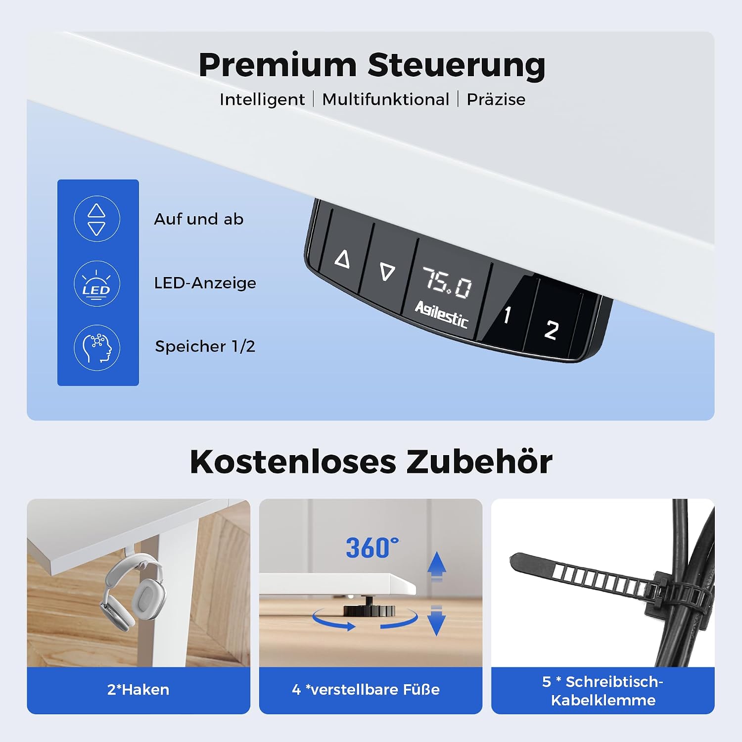 Thumbnail 5 de Agilestic Höhenverstellbarer Schreibtisch 100 x 60 cm – elektrisch, Memory & 70 kg Tragfähigkeit, Weiß