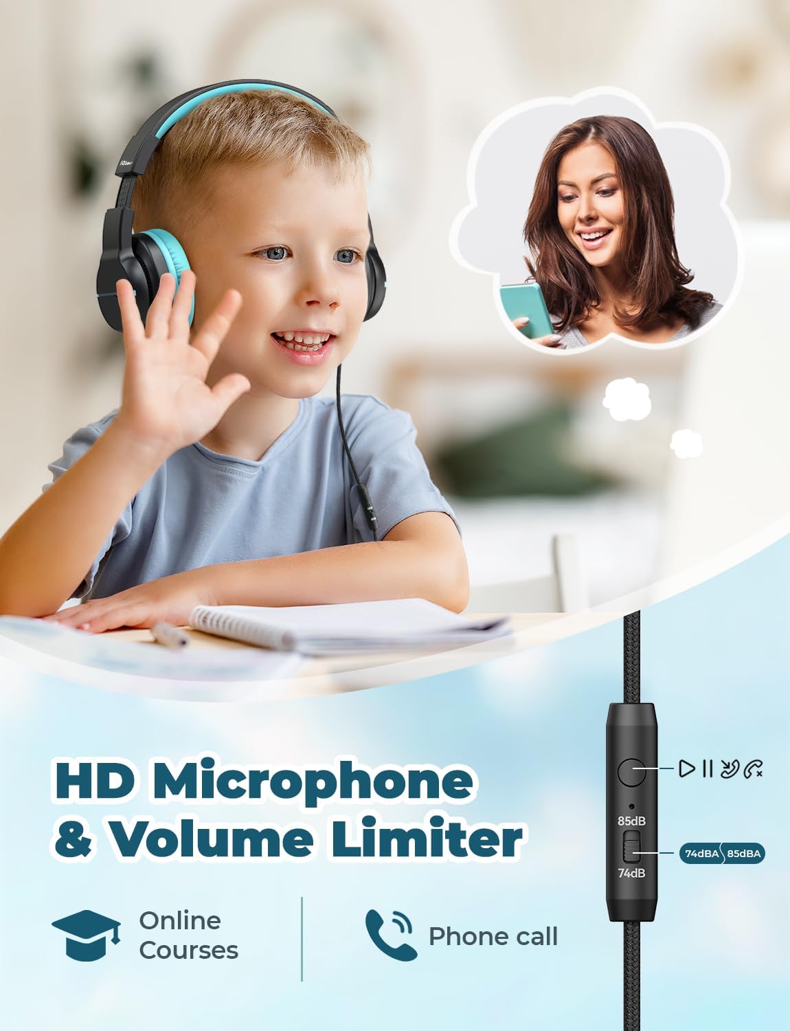 Thumbnail 1 de iClever HS19 Kids Over-Ear Headphones, 85 dBA Limit, Mic and 3.5mm Jack