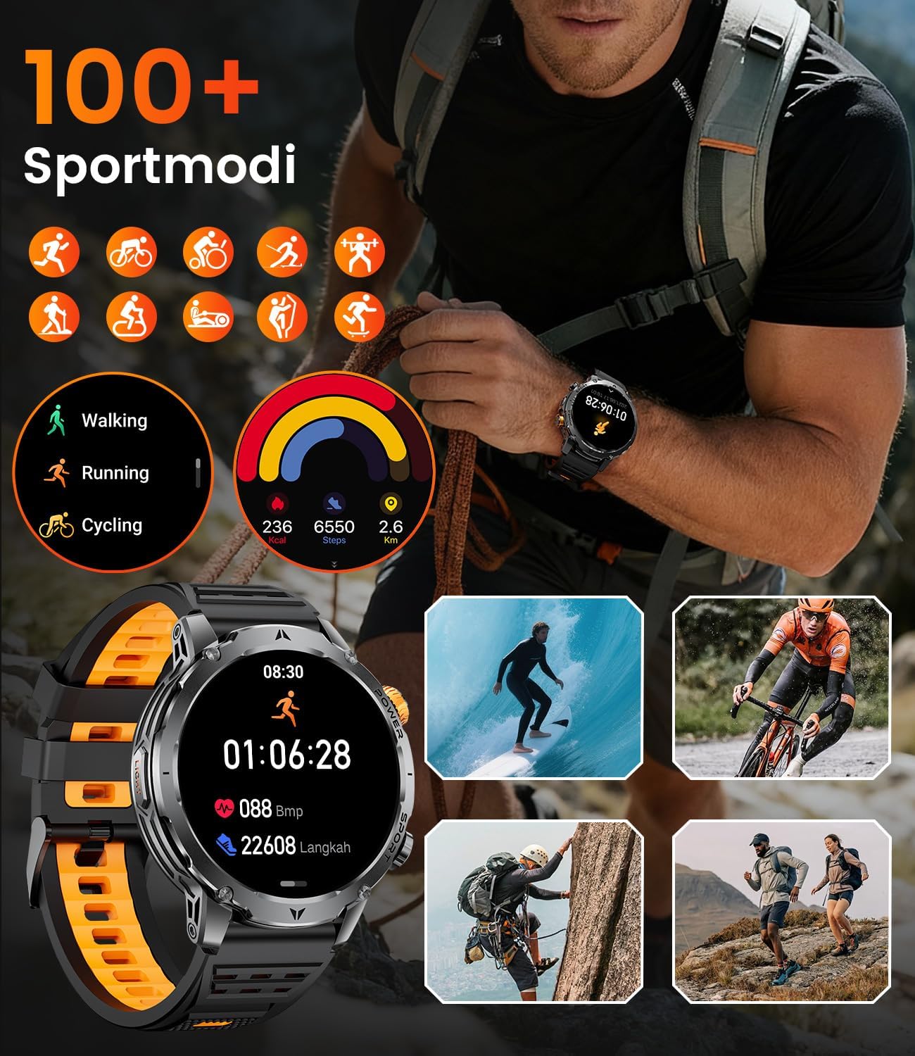 Thumbnail 4 de SUNKTA Smartwatch Herren Militär 1,7 Zoll