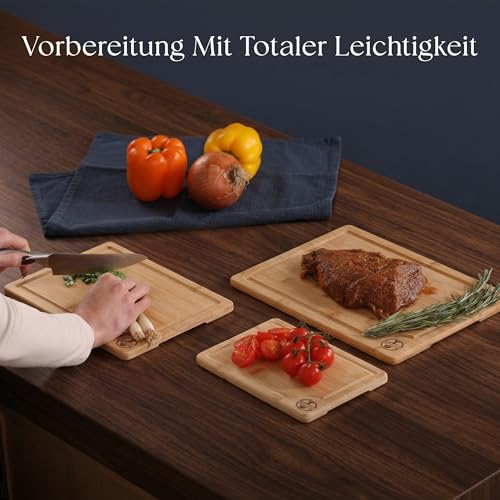 Detalle de Deer & Oak Schneidebrett-Set aus Bambus 3-teilig – vorgeölt, mit Saftrille und Griffen