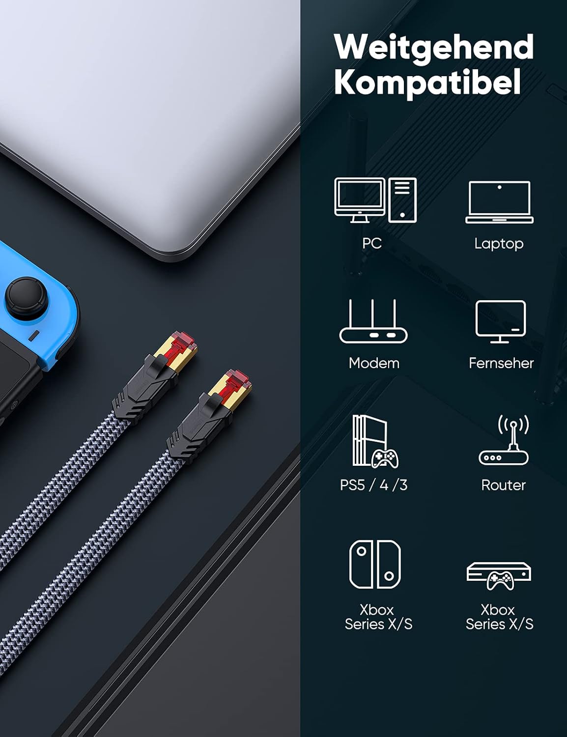 Thumbnail 6 de SNOWKIDS Cat 8 LAN-Kabel 25 m – Hochgeschwindigkeits-Netzwerkkabel (S/FTP) mit Nylonmantel