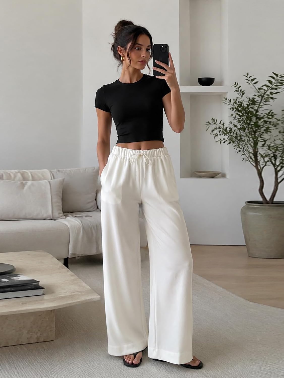 Detalle de Abonlen Wide Leg Pants for Women: Casual Flowy Crepe Trousers with Pockets