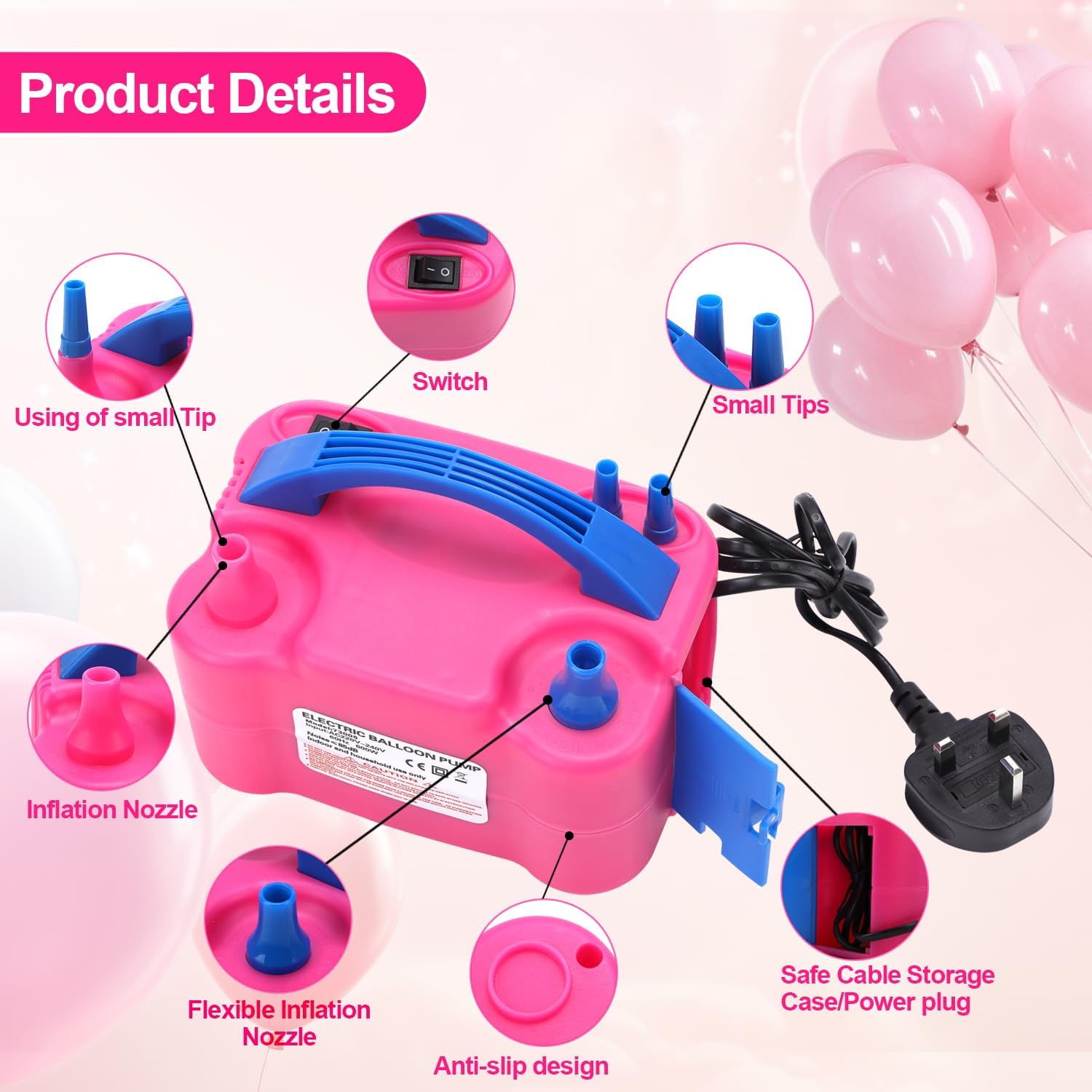Detalle de BXBHU Electric Balloon Pump UK (600W) – Portable double nozzle inflator for party, weddings and birthdays