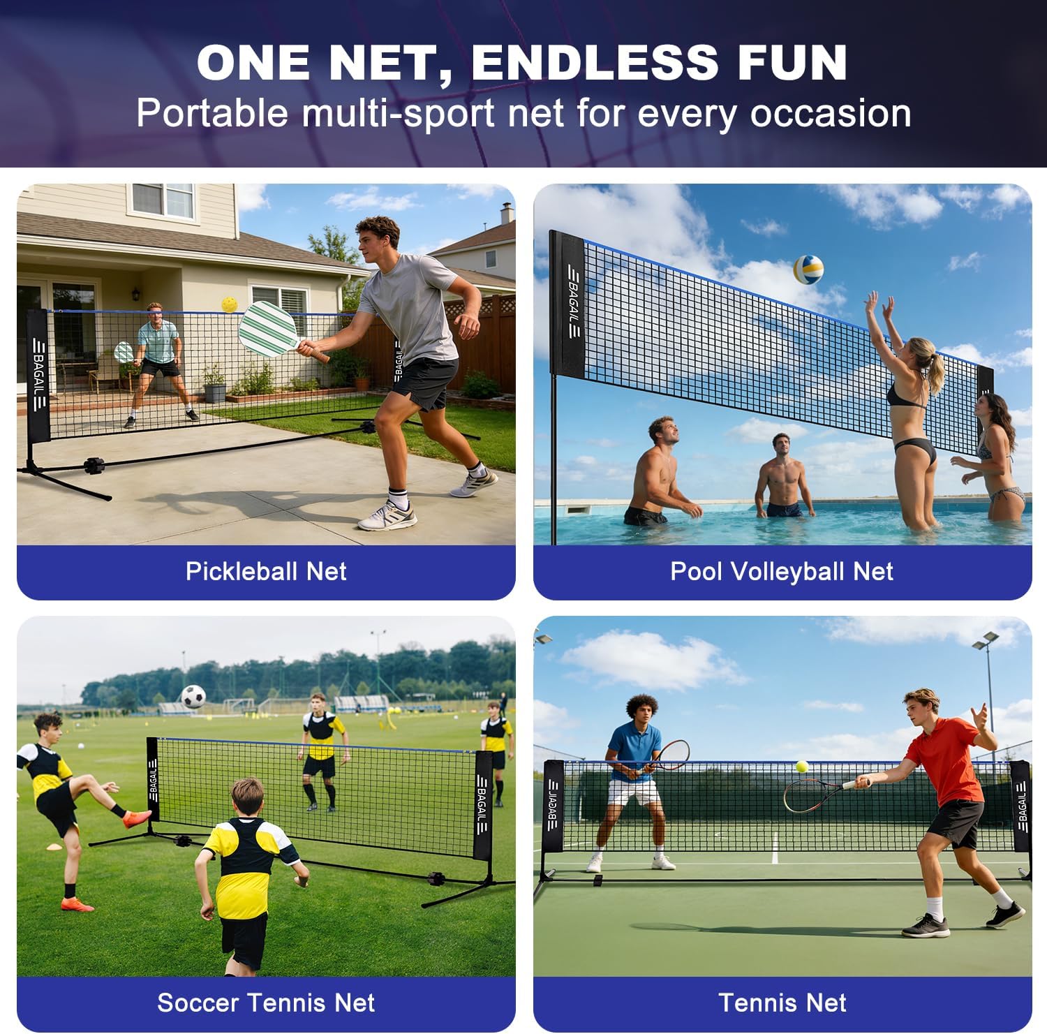 Detalle de BAGAIL Badminton Net (Height Adjustable Kids Volleyball Net) — Foldable Nylon Training Net, 10/14/17 ft Wide
