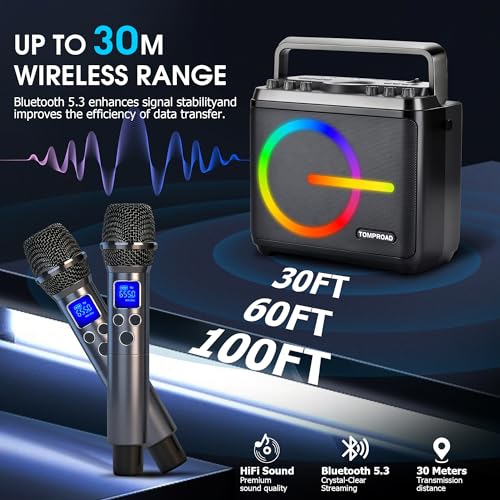 Detalle de Macchina per karaoke TOMPROAD: PA portatile con 2 microfoni wireless, luci LED e Bluetooth