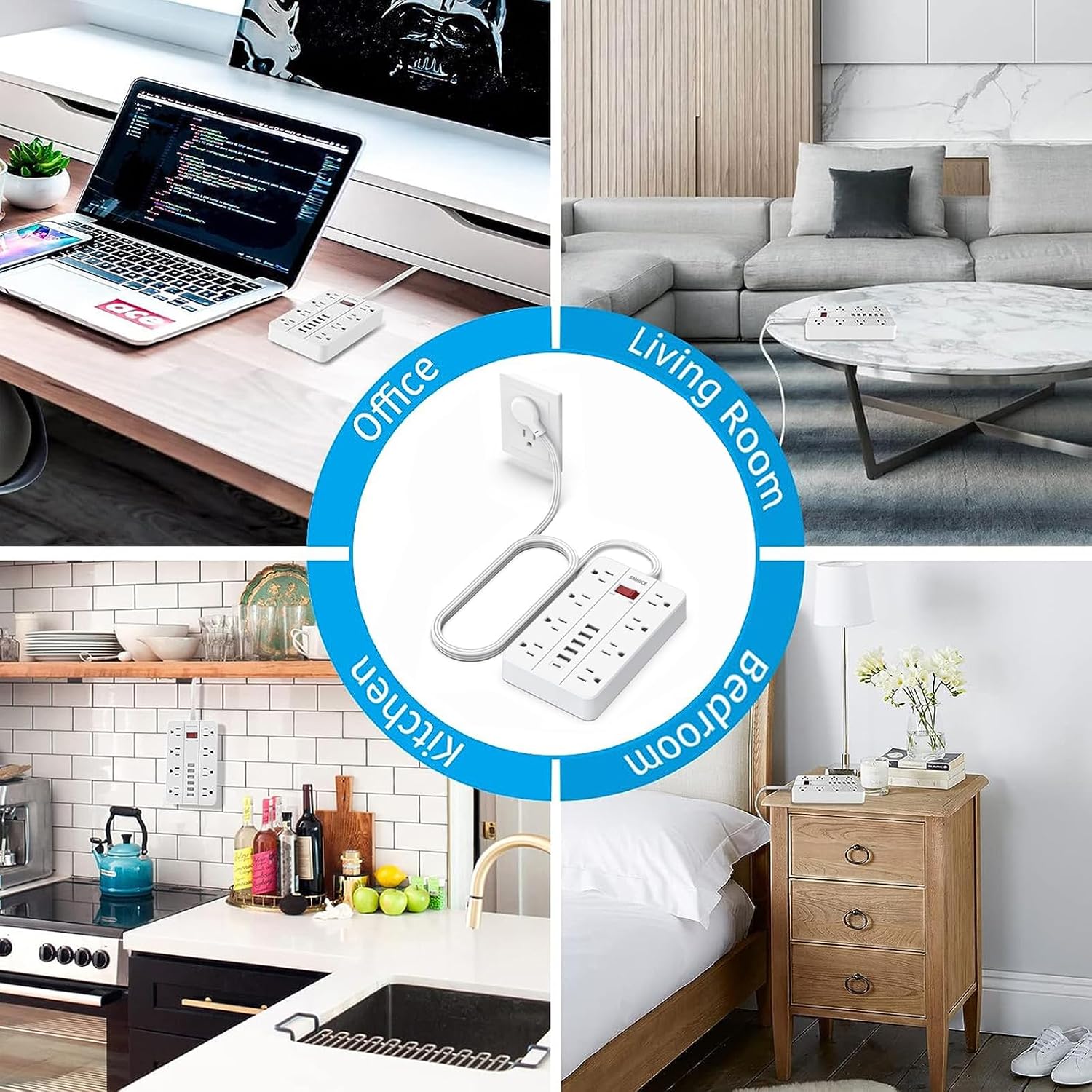 Thumbnail 6 de SMNICE Power Strip with USB (Surge Protector, 8 Outlets + 6 USB Ports including USB-C), Flat Wall-Mountable Design