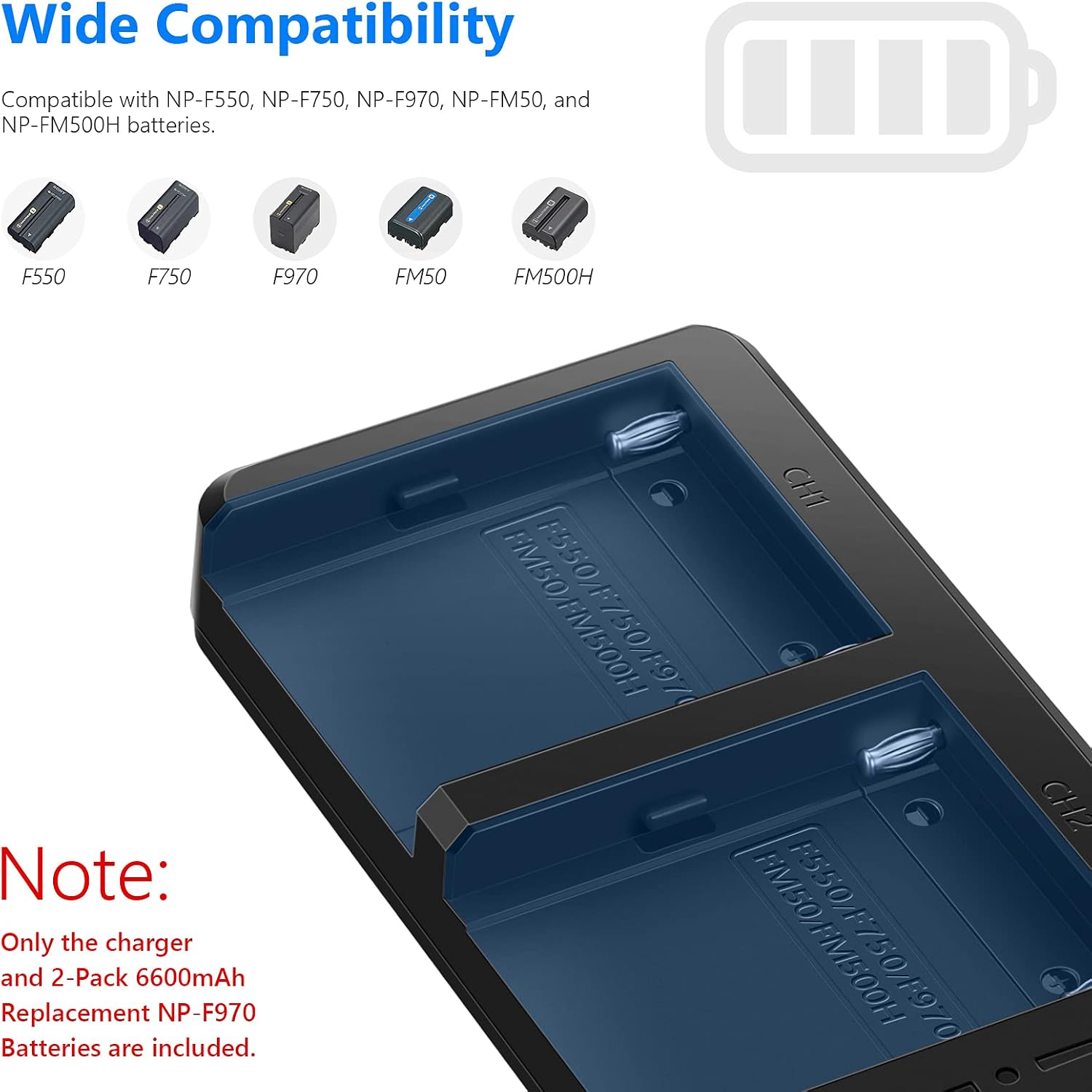 Detalle 2 de NEEWER Dual-USB-Ladegerät für NP-F970 (mit 2× 6600 mAh Ersatzakkus) – Schnellladen für Sony NP-F Serie