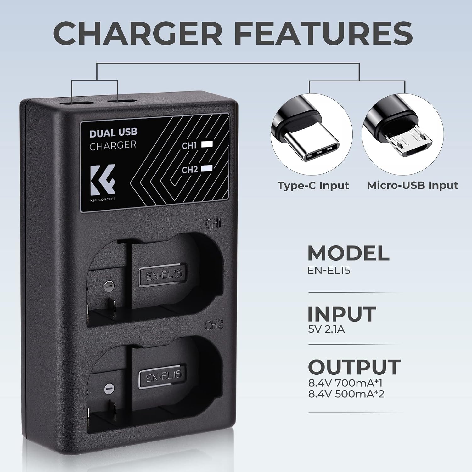 Detalle de K&F CONCEPT EN-EL15 Dual Slot Fast Charger (EN-EL15/EN-EL15a/EN-EL15b) with USB-C and Micro USB cable