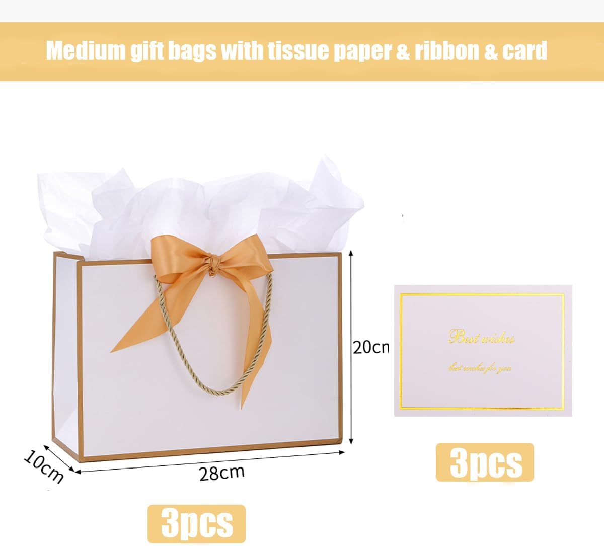 Detalle de Medium Gift Bags with Tissue Paper and Gift Cards (3 Pack) – White with Gold Trim