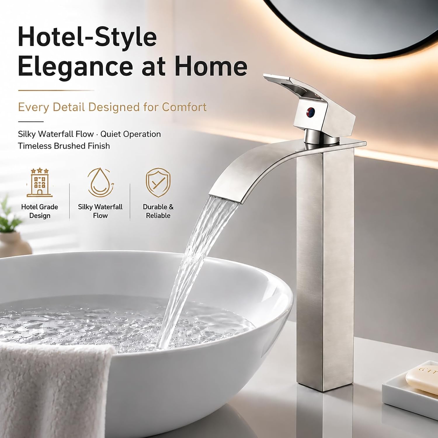 Detalle 2 de VOTON V-1727L Vessel Sink Faucet, Brushed Nickel Waterfall Spout