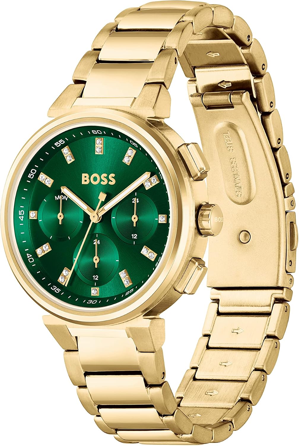 Detalle 2 de BOSS Multi Zifferblatt Quarz Damen Uhr Kollektion ONE 1502679 mit goldfarbenem Edelstahlarmband