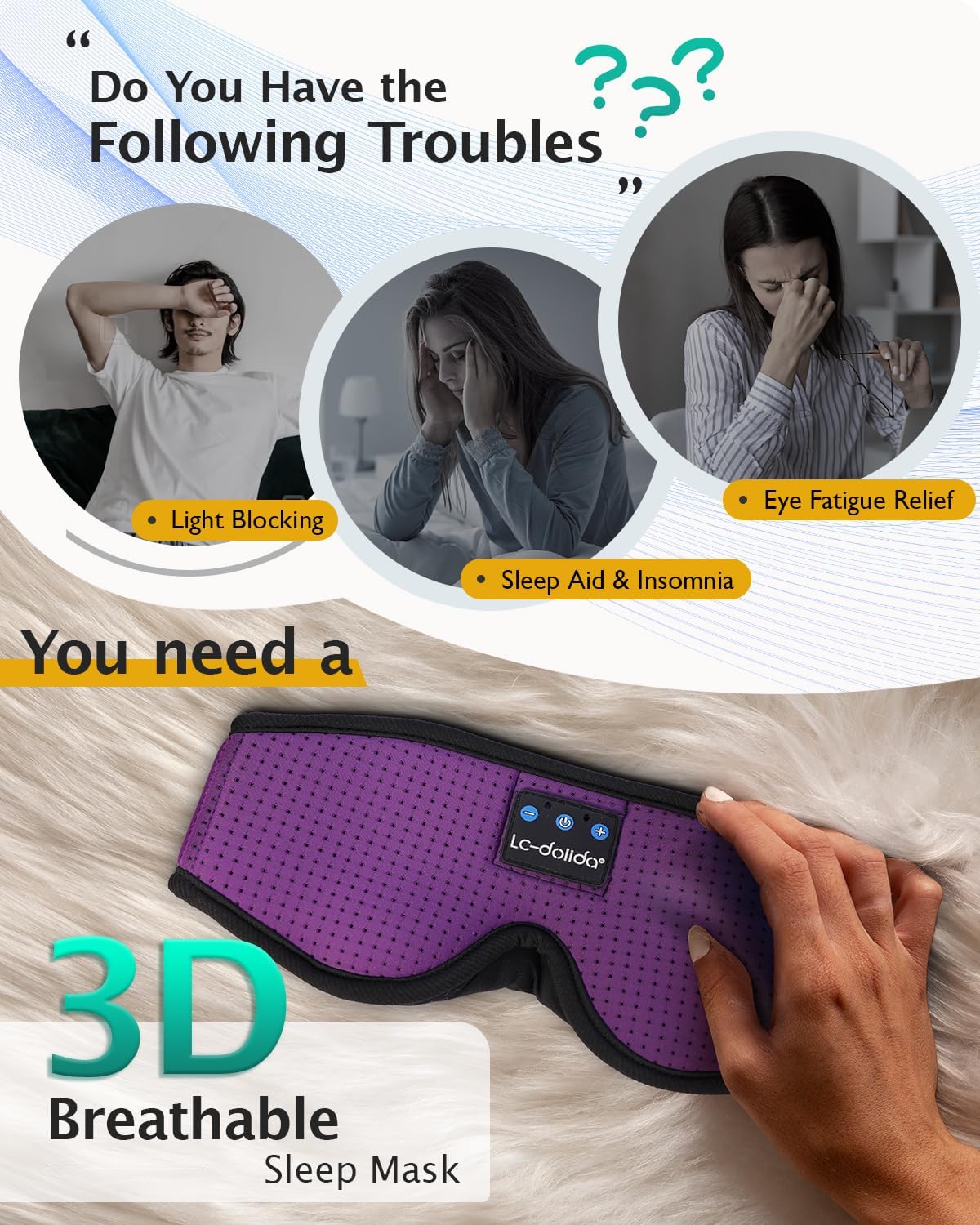 Detalle de LC-dolida Bluetooth Sleeping Headphones Eye Mask