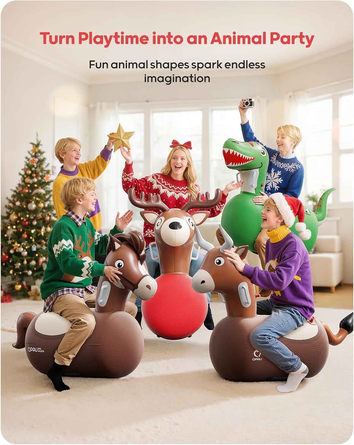 Detalle de QPAU Inflatable Bouncy Dinosaur (2 pcs) with Hand Pump – heavy duty hopping animal hopper, for ages 5+