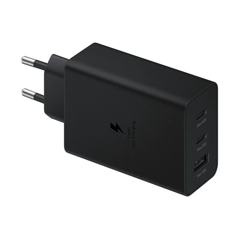 Detalle de Samsung EP-T6530NBE: Cargador de pared 65 W con 2 USB-C y 1 USB-A
