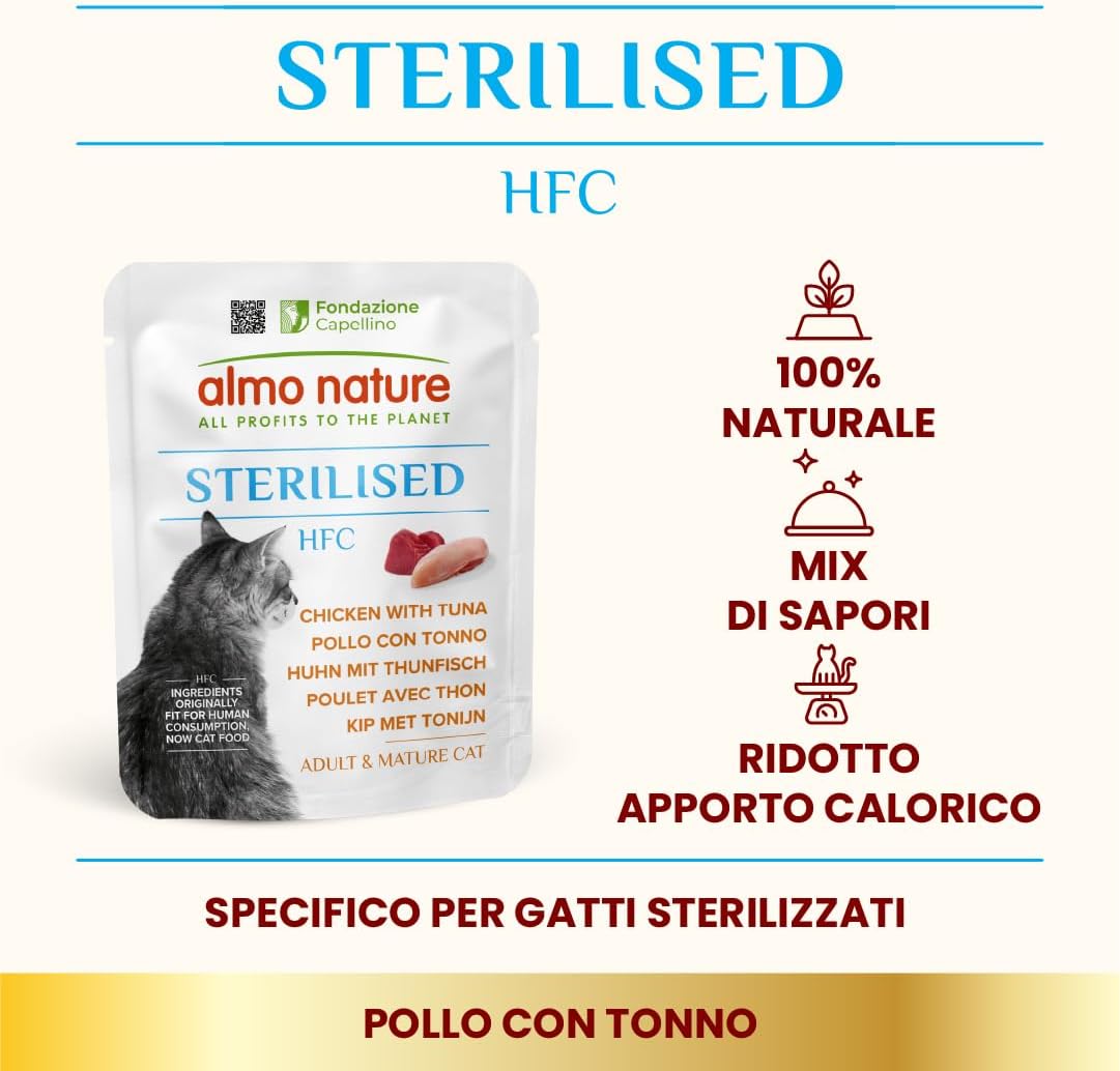 Detalle 2 de Almo Nature HFC Functional Sterilised: umido per gatti adulti con pollo e tonno, Human Grade, senza glutine