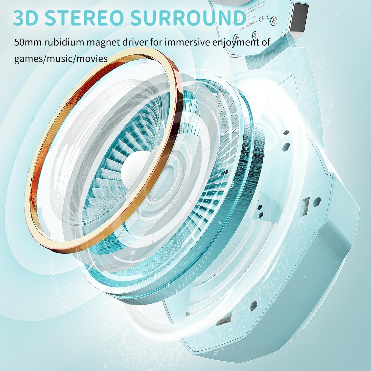 Detalle de Ozeino cuffie gaming con microfono, cancellazione del rumore e 3D surround per PS4, PS5 e PC (blu chiaro)