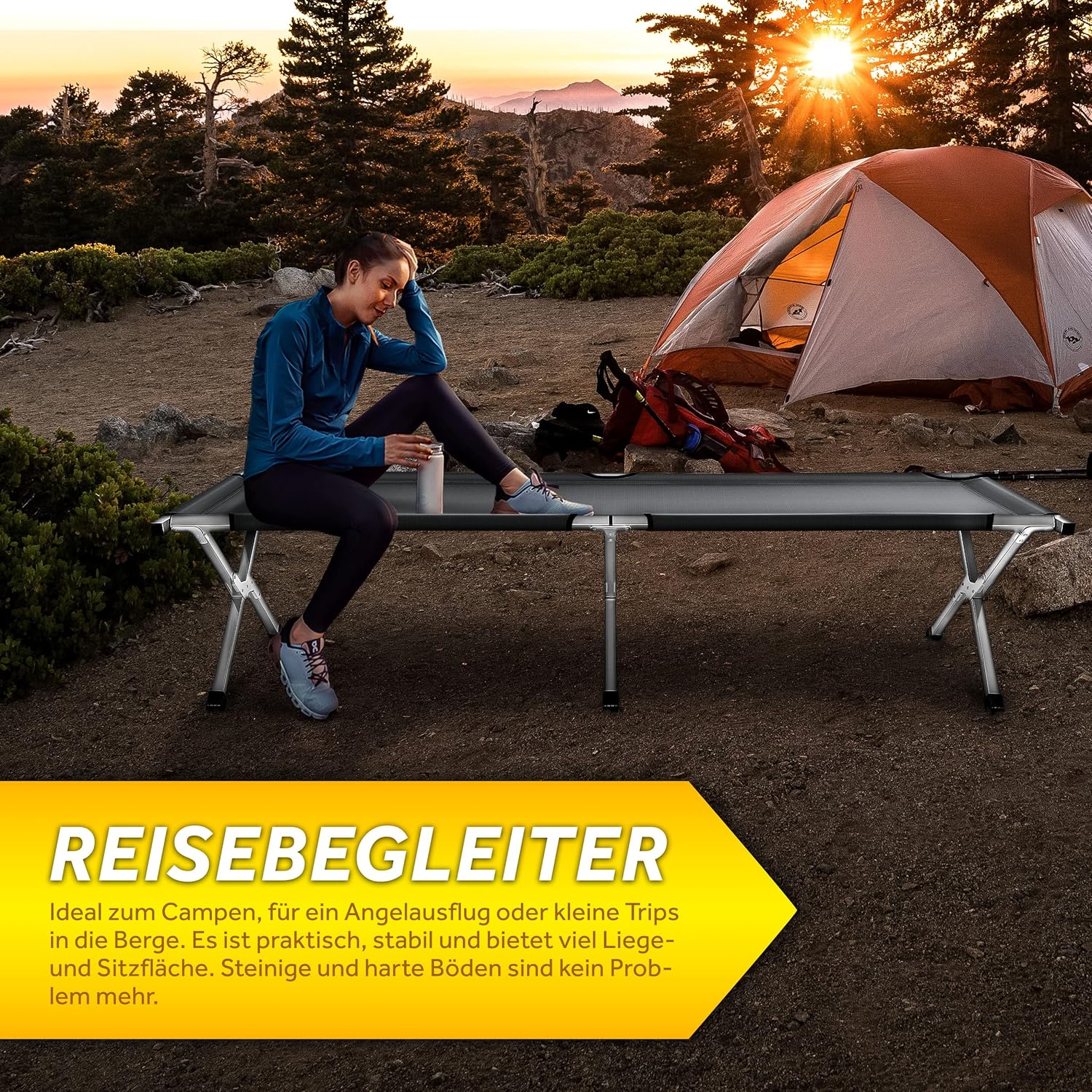 Detalle de TRESKO XXL Lit de Camp Pliant pour Le Camping – 210 x 90 x 42 cm, tubes métalliques, charge 150 kg, gris