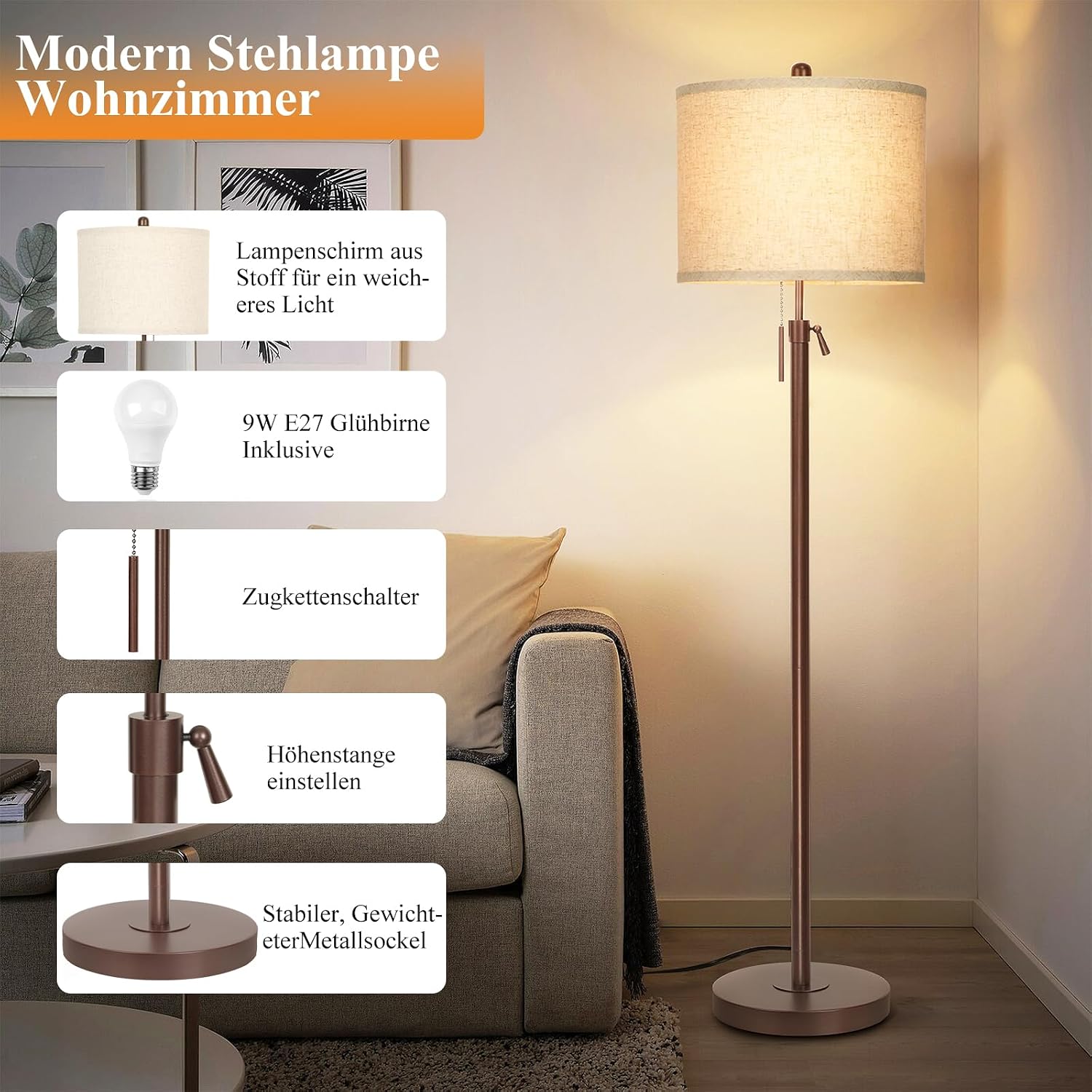 Detalle 2 de Qingmiao Stehlampe mit Leinen-Lampenschirm (E27), 9W-Birne mit 3 Farbtemperaturen, höhenverstellbar 140–168 cm