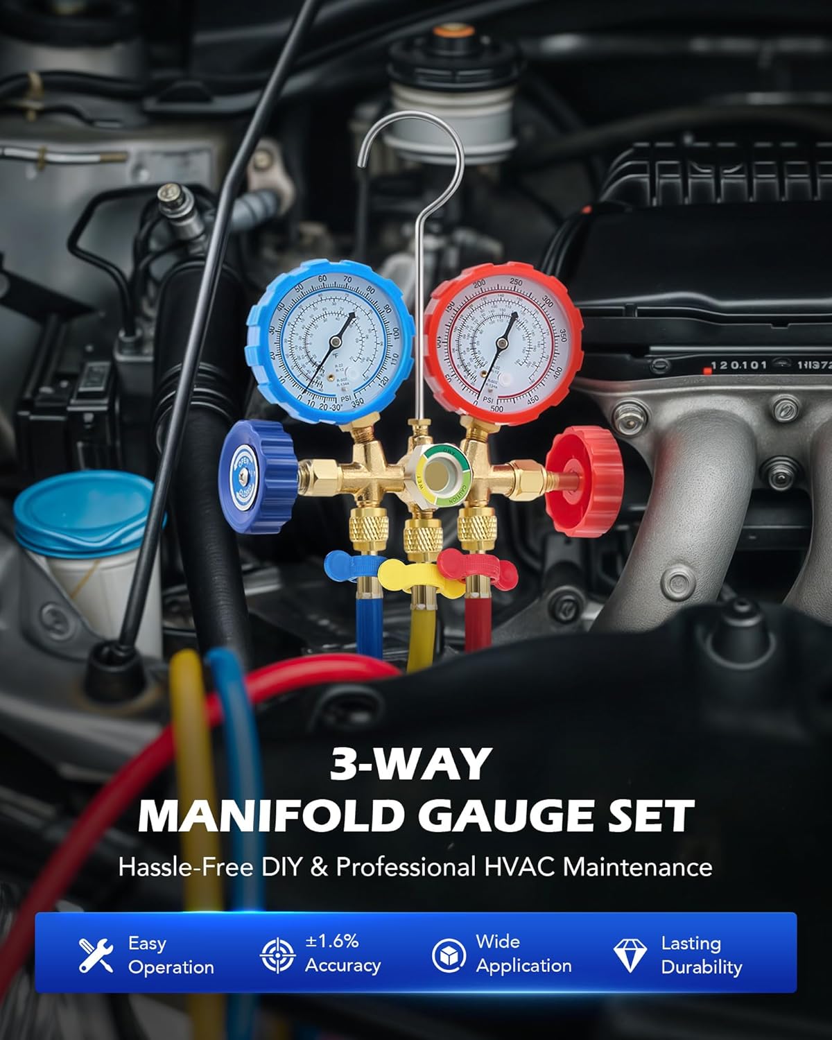 Thumbnail 1 de Orion Motor Tech 3-Way AC Diagnostic Manifold Gauge Set for R134A/R12/R22/R502 Refrigerants