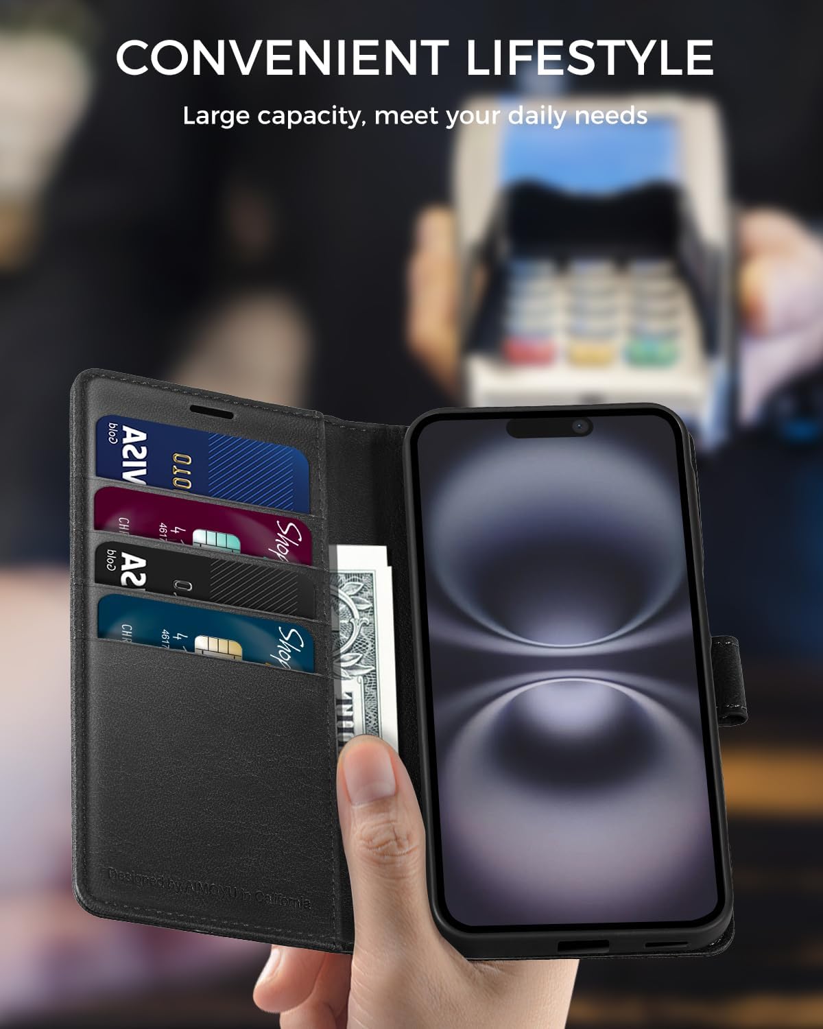 Thumbnail 5 de AIMOYU iPhone 16 Flip Wallet Case (Black) with 4 Card Slots, Kickstand & RFID Blocking