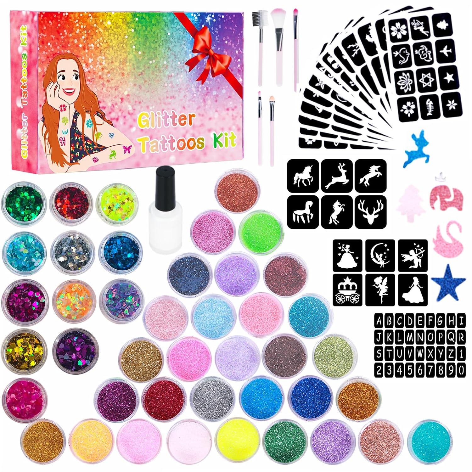 Detalle de Glitzer Tattoo Set Kinder, DSYZWEE 30 Farben – Temporäre Glitzertattoos mit 147 Schablonen, 5 Pinseln, 2 Kleber, 2 Bögen Tattoos