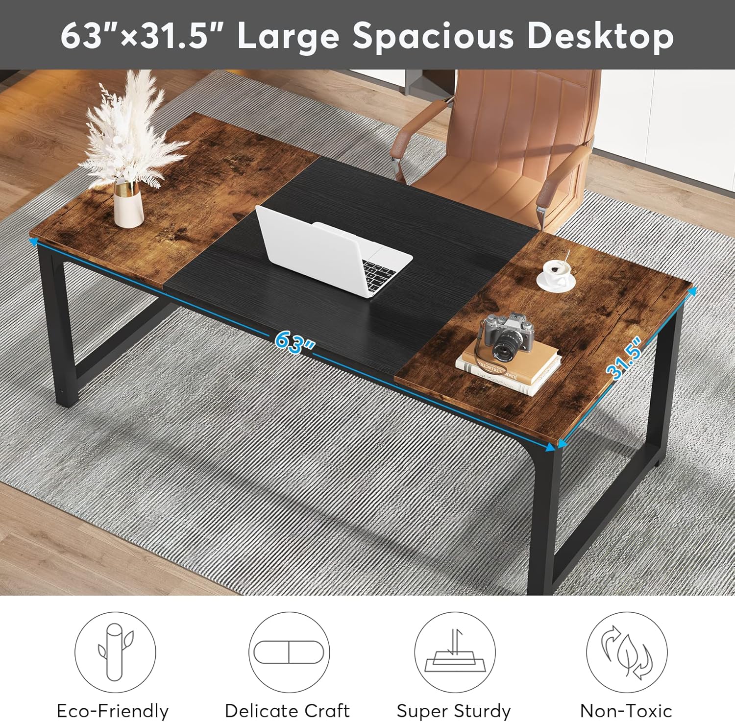 Detalle de Tribesigns Modern Computer Desk (63 x 31.5 inch) in Vintage Black Metal Frame