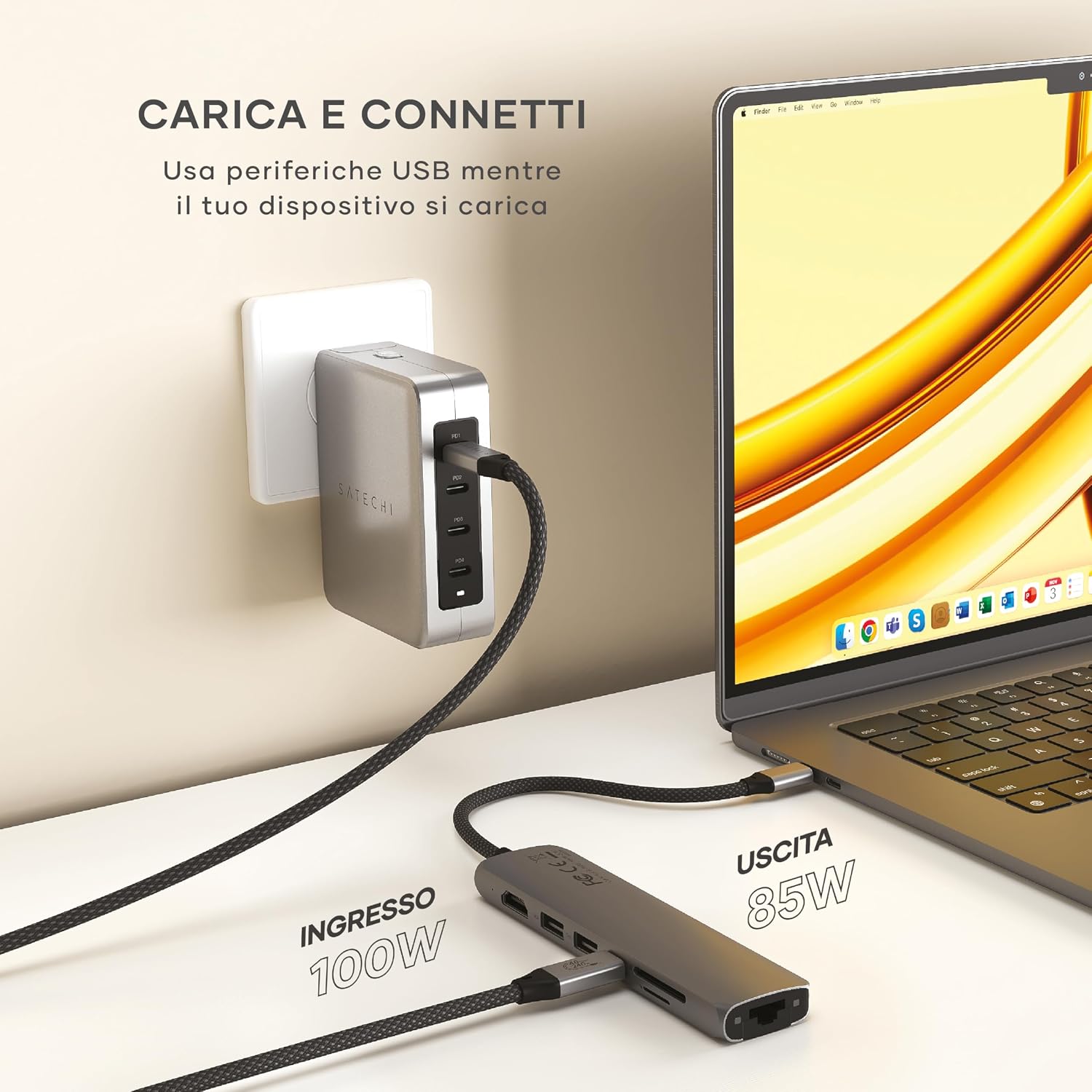 Detalle de SATECHI 7 in 1 Hub USB-C Slim Plus con Ethernet, HDMI 4K@60Hz e ricarica PD 100W (grigio)
