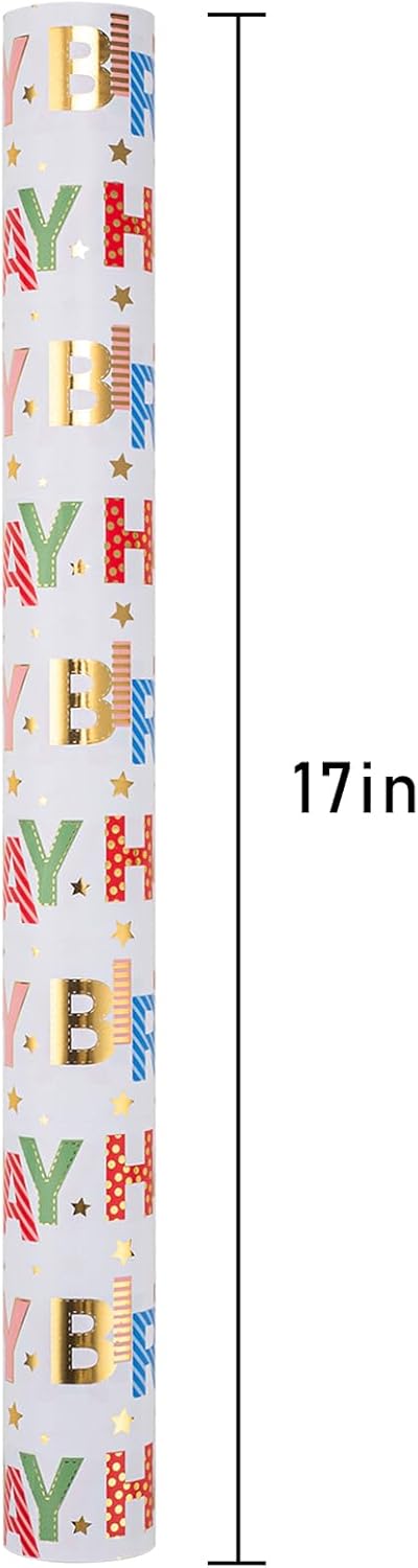 Thumbnail 2 de WIKADLIK Colorful Birthday Wrapping Paper Roll – 43 cm x 10 m with Gold Foil Happy Birthday Lettering