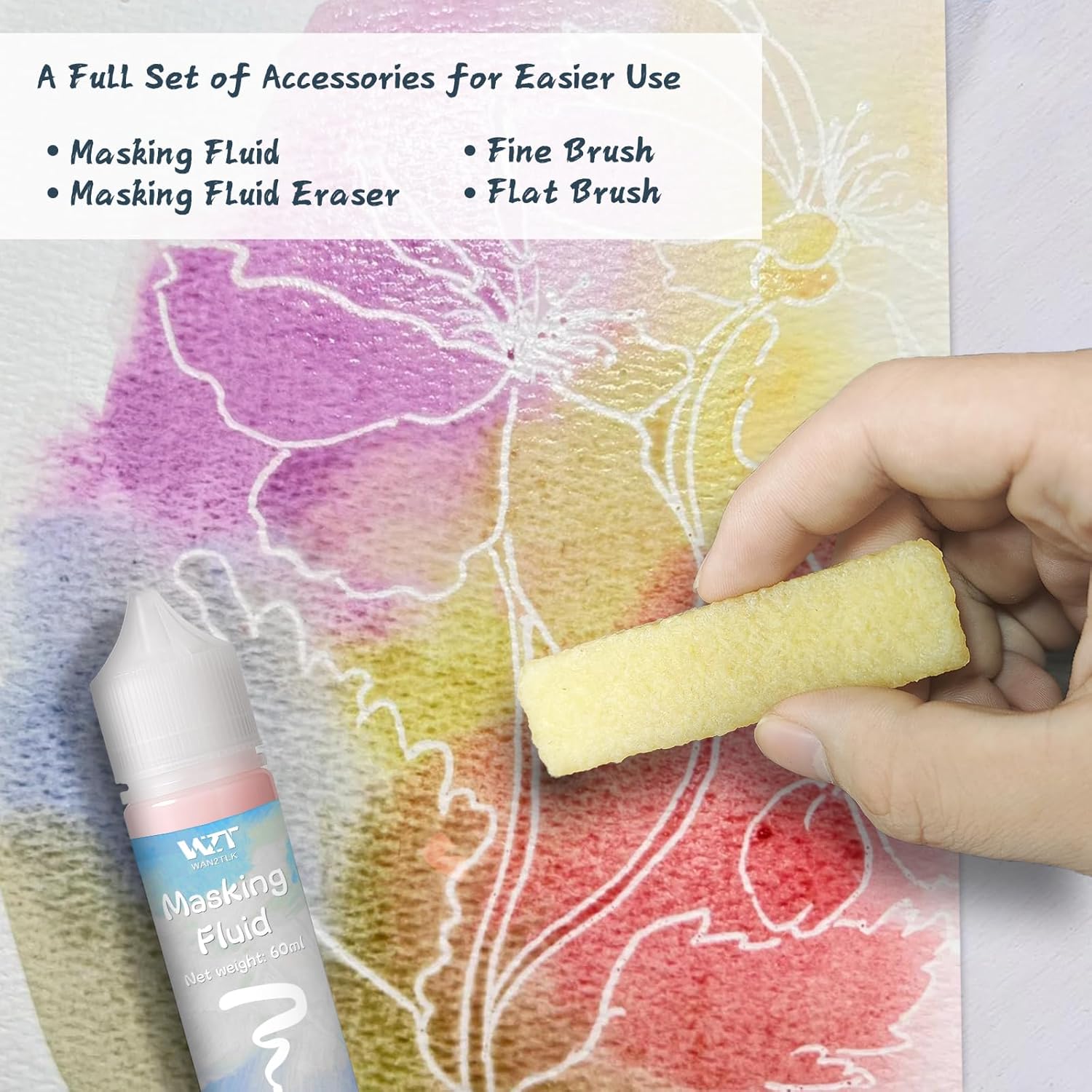 Detalle de WAN2TLK Masking Fluid for Watercolour Painting 60ml – Red with Pen-Style Applicator, Includes Brush and Eraser