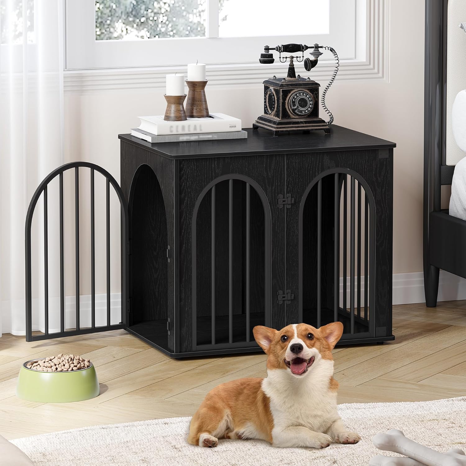 Detalle de Hzuaneri Hundekäfig-Möbel 68 cm (68 x 49 x 56 cm) mit Bogentür und 3 Türen – Schwarz DFC85504B
