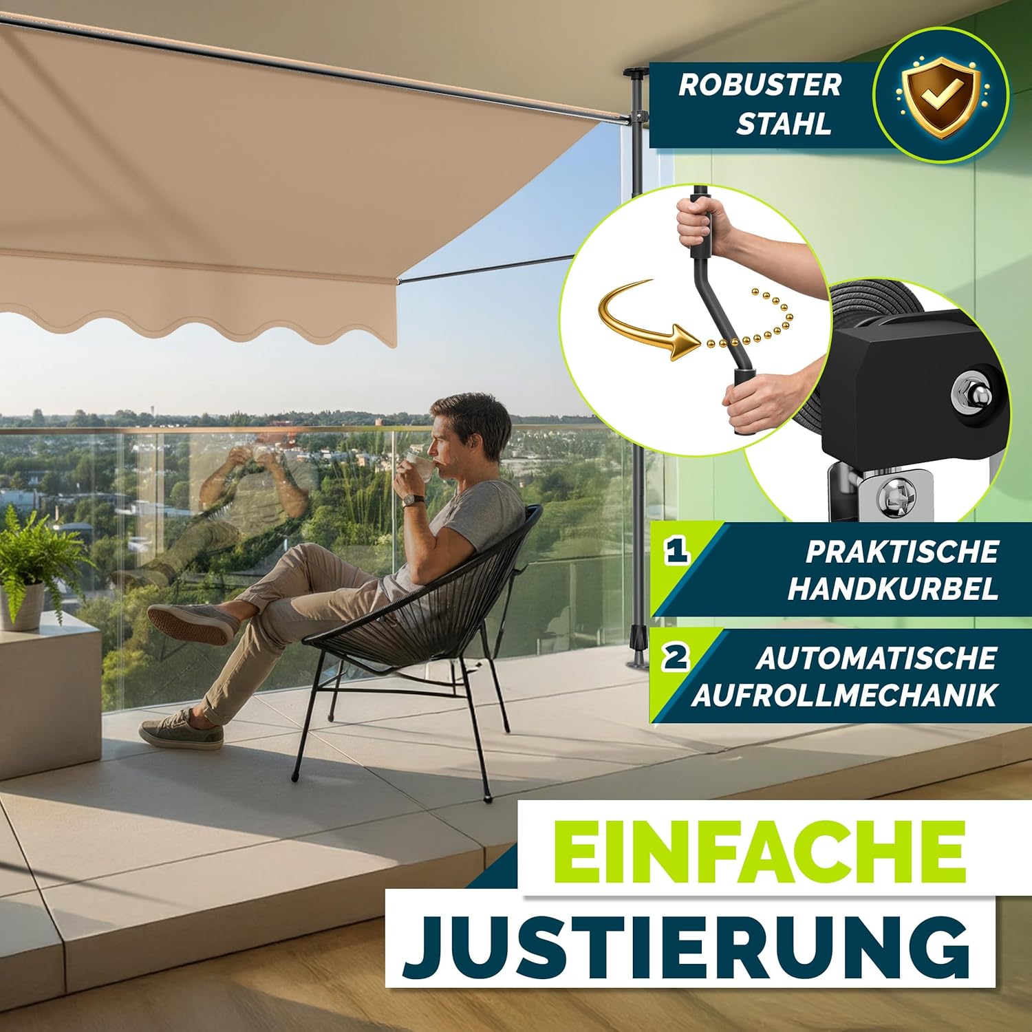 Thumbnail 4 de tillvex Klemmmarkise mit Handkurbel – Balkonmarkise ohne Bohren, UV-beständig, höhenverstellbar (Taupe, 400 cm)