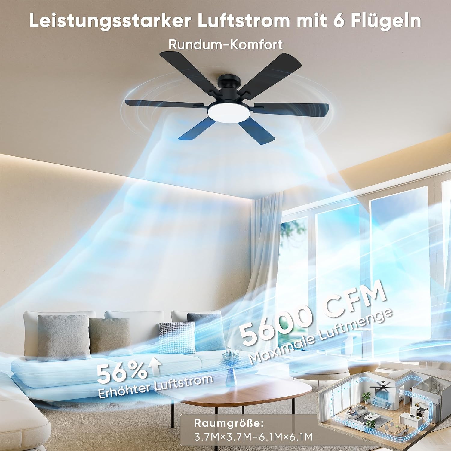 Detalle 2 de Deckenventilator mit Beleuchtung 132 cm – 6 Flügel, DC-Silentmotor, Fernbedienung