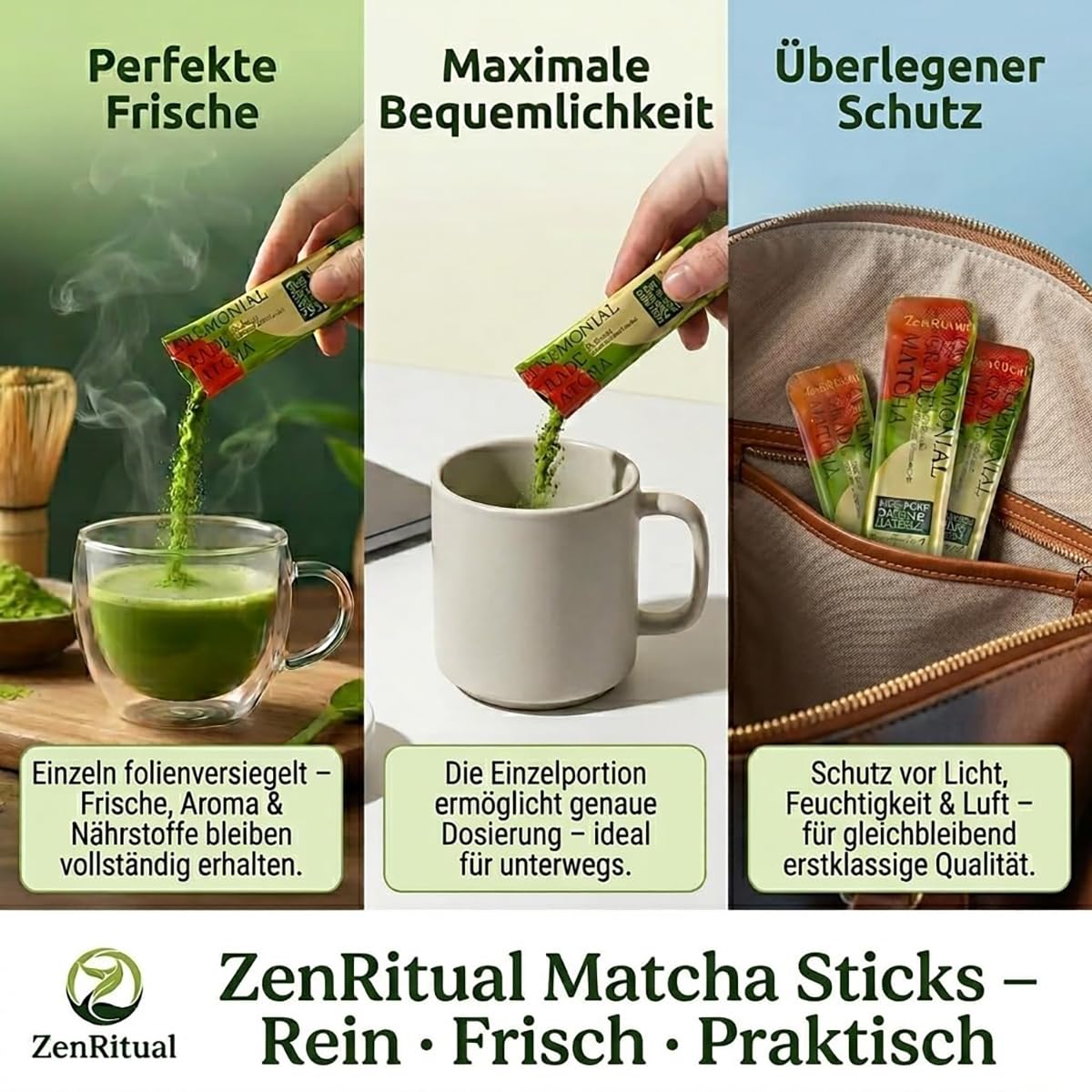 Thumbnail 6 de ZenRitual Matcha Pulver Zeremonienqualität – 20 Einzeln Portionssticks à 1,5 g, laborgeprüft, zuckerfrei, unterwegs genießen