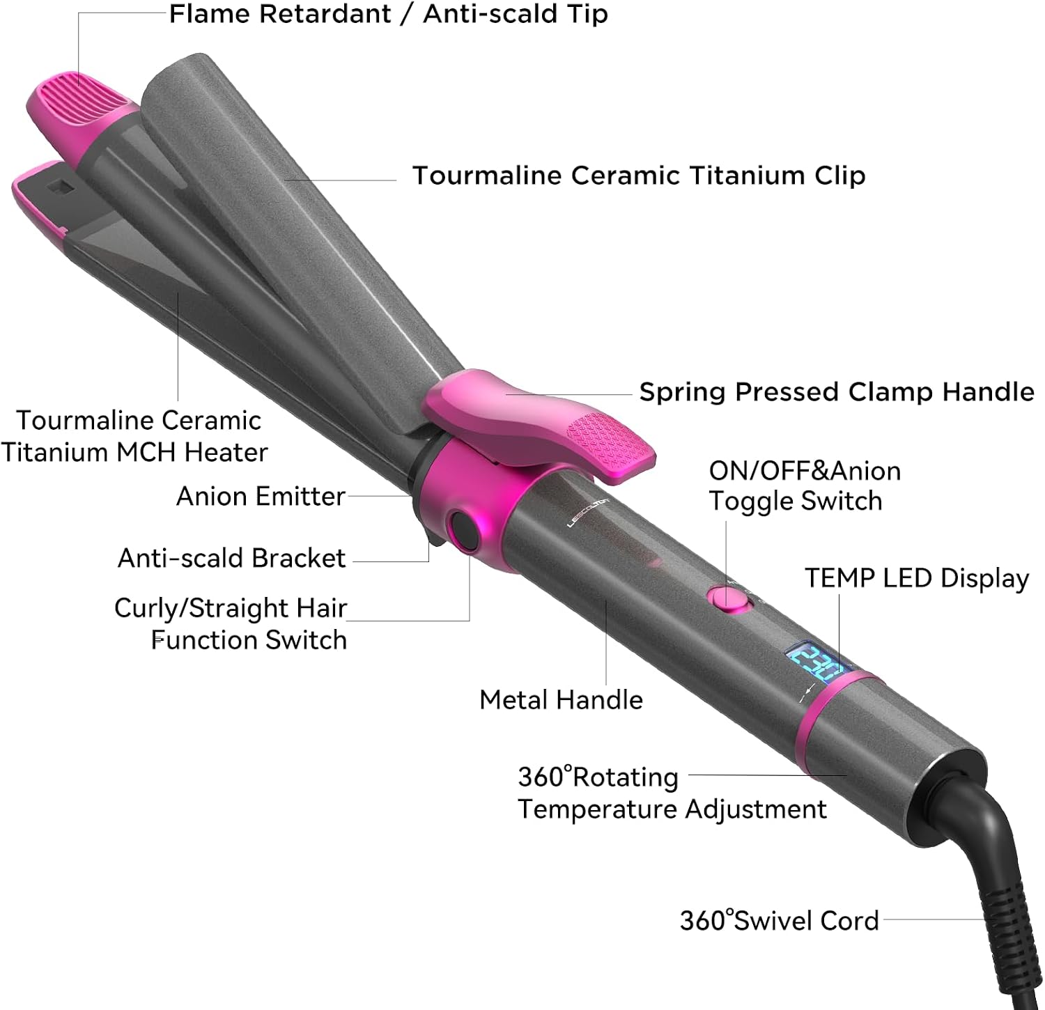 Detalle 2 de Piastra per Capelli e Arricciacapelli 2 in 1 con rivestimento nano-titanio e display LCD