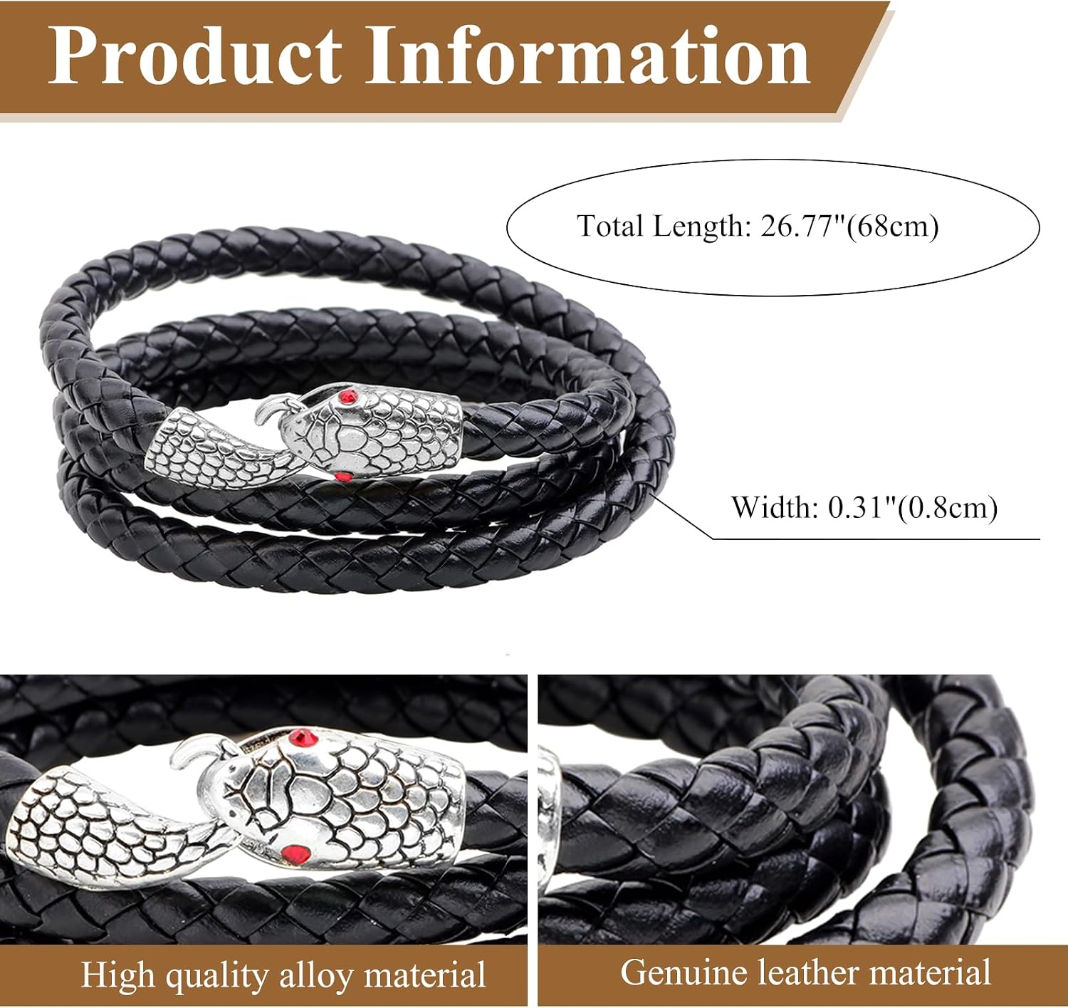 Detalle de JewelryWe Herren Armband Gotik Edelstahl Schlange – Geflochtenes Lederarmband, Schwarz Braun Blau Silber