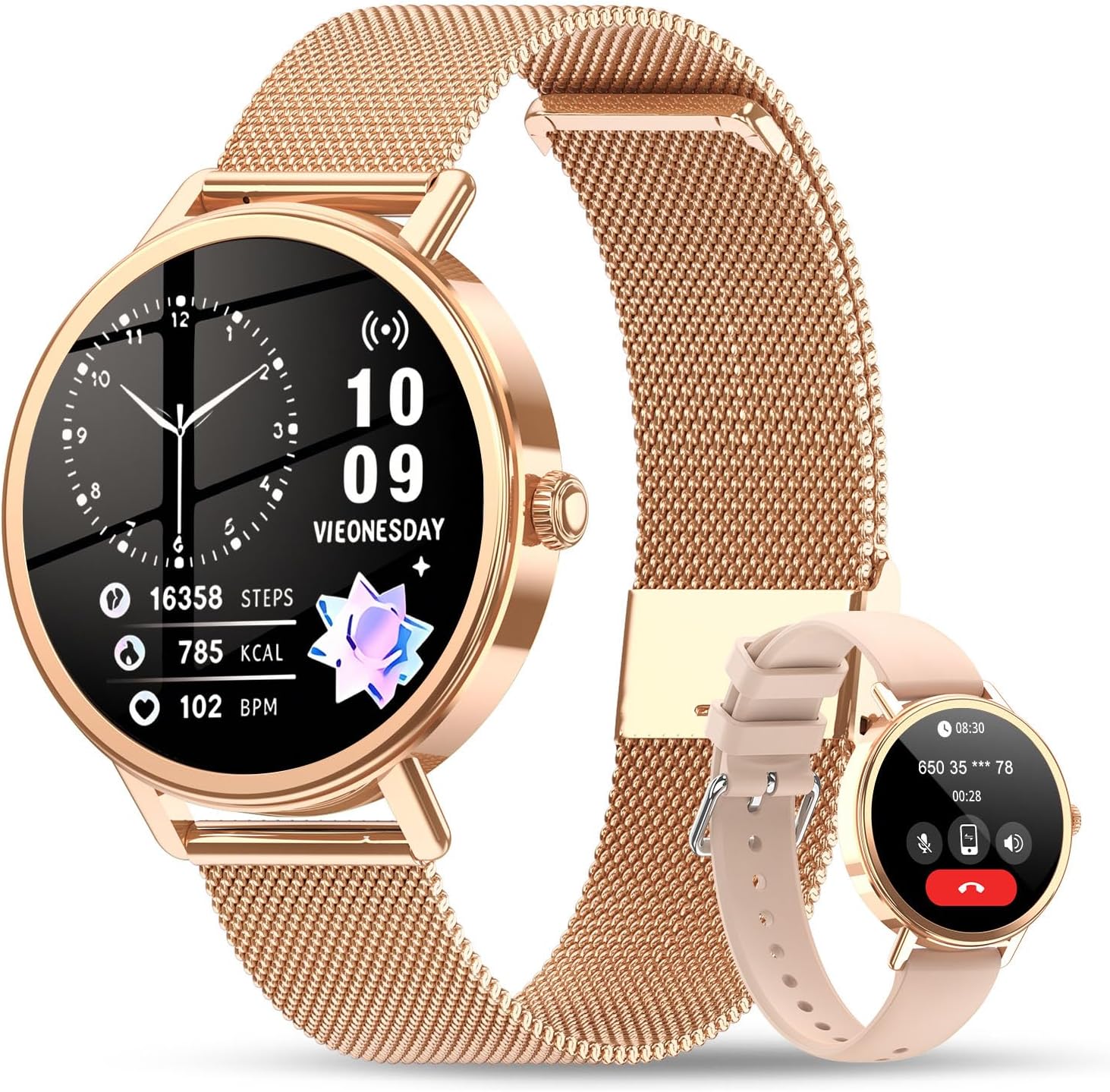 Smartwatch Donna 1.26" con Chiamate Bluetooth, 2 Cinturini & Notifiche – IP68