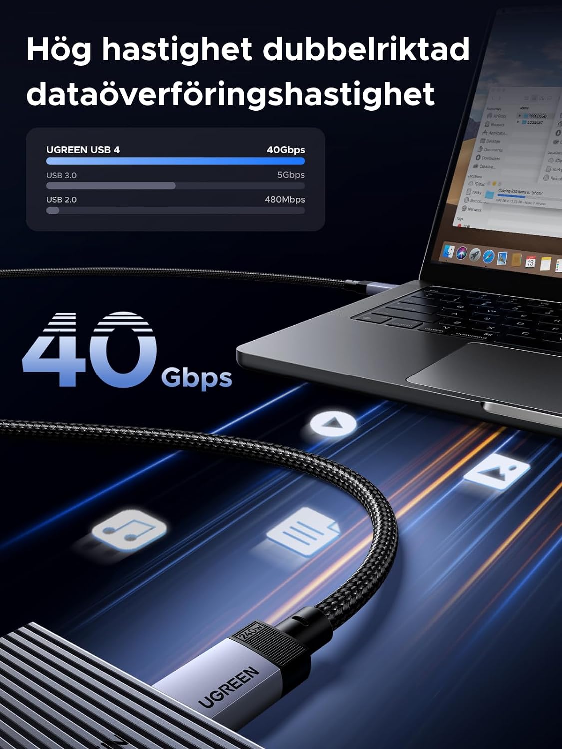 Detalle de UGREEN USB-C-kabel, 40 Gbps och 240 W snabbladdning, 1 m