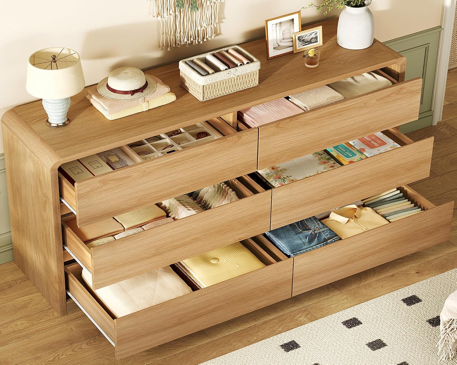 Detalle de TEENFON dressers 55-Inch 6-Drawer Dresser, Natural Finish with Curved Profile
