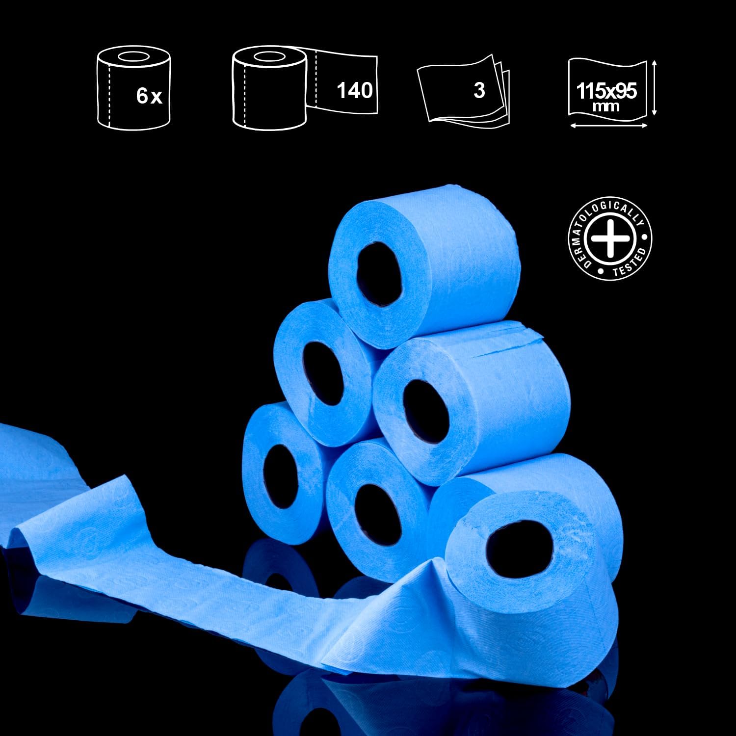 Detalle de Renova Black Label Bleu – Papier Hygiénique 3 plis coloré à double face, 6 rouleaux