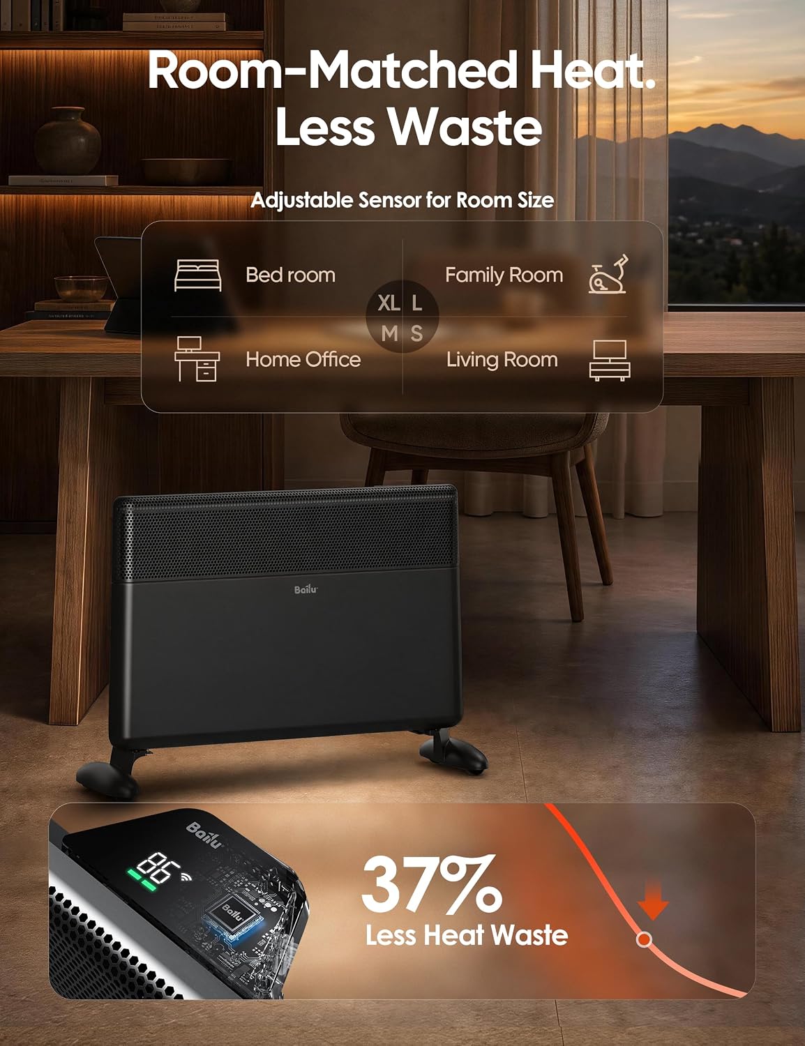 Detalle 2 de Ballu NCA1-4.4-BLACK Smart Convection Space Heater, 1500W, Wi-Fi