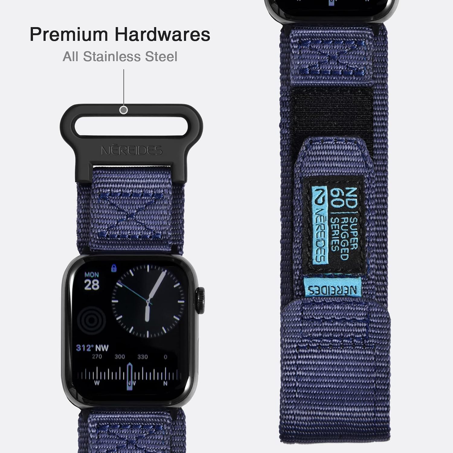 Detalle de Nereides Nylon Sport Replacement Strap for Apple Watch – 46/45/44/49mm, Blue (Size L, 6.3–8.3 in / 160–210mm)