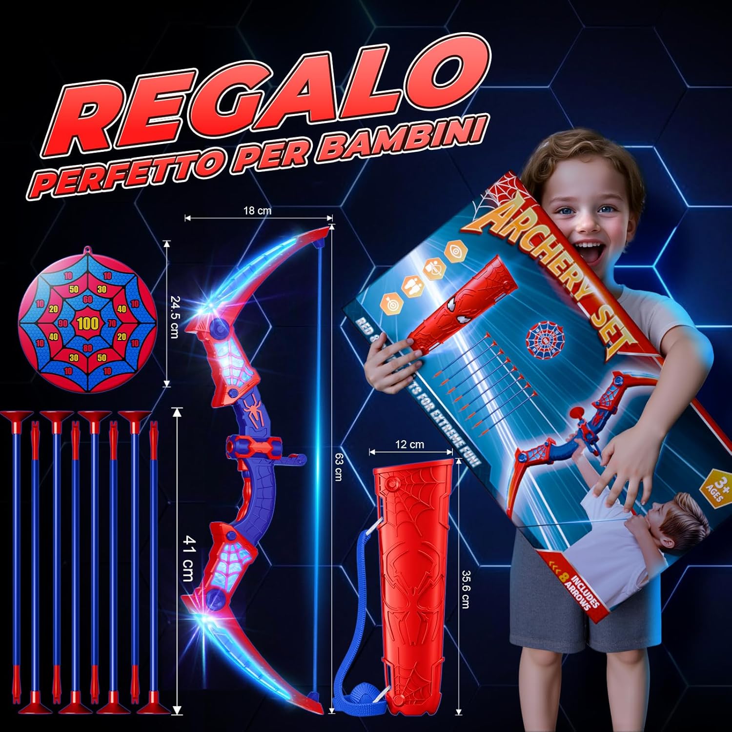 Thumbnail 6 de Set arco e frecce a ventosa con luci LED rosse e blu – Zainetto supercool e bersaglio doppio per bambini 3-12 anni