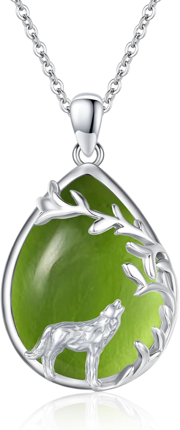 Detalle de Wolf Kette Sterling Silber mit Wolf Anhänger – 925er Silber, Peridot, verstellbare Kette